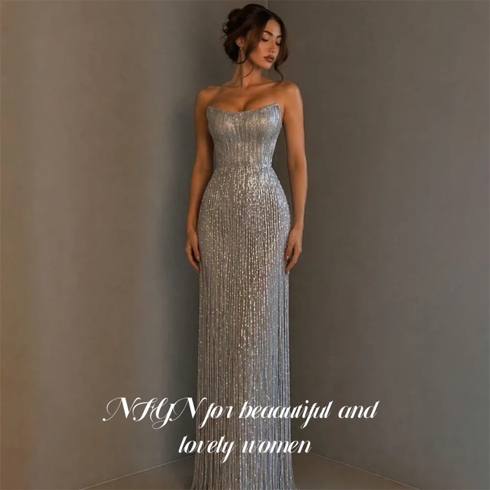 NFYN Sliver Evening Dress Strapless Sleeveless Prom Dress Glitter Sequin Tassel Party Dress Gala Dress for Women Customized