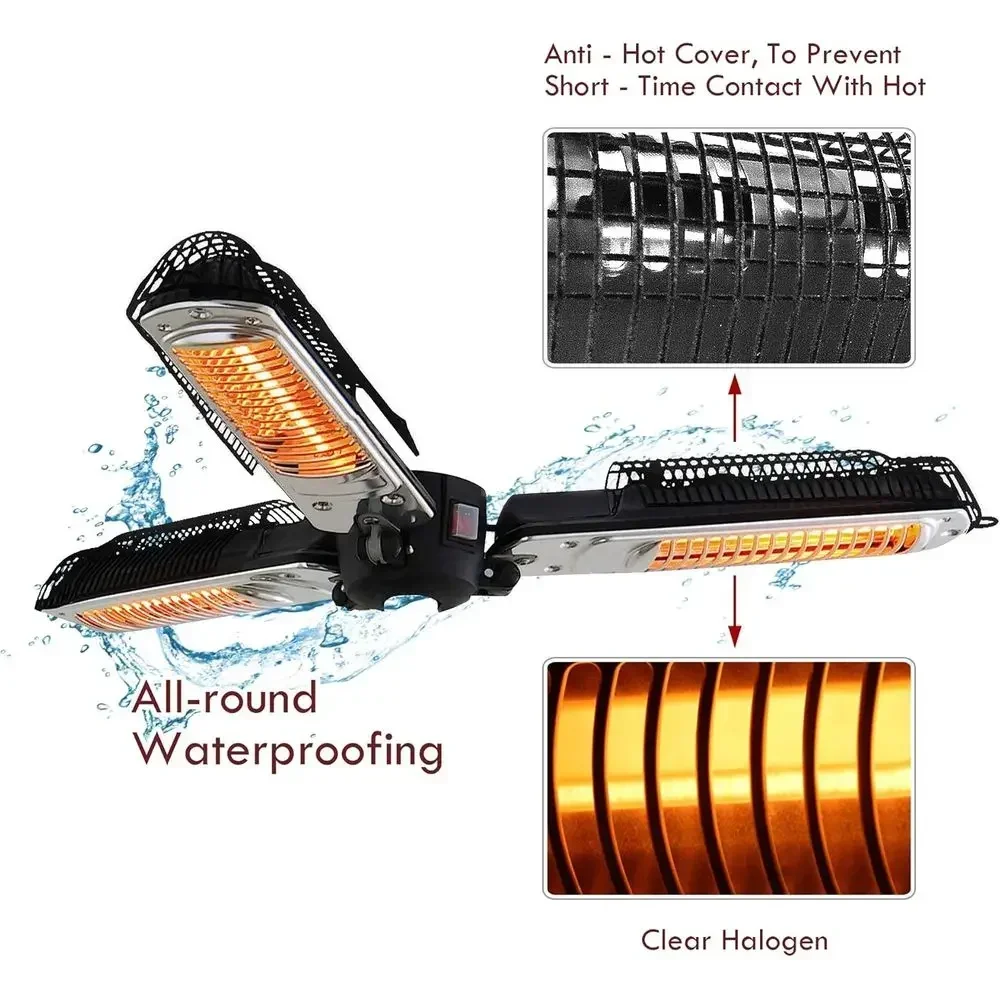 Outdoor Patio Heater, 3 Infrared Lamps, 1500W, Black for Umbrella, Pergola, or Gazebo