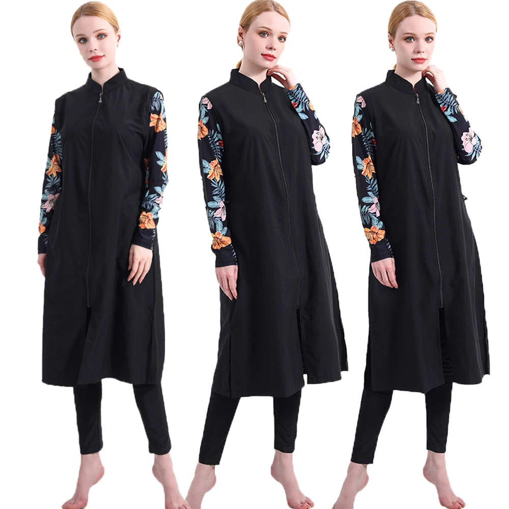 

3Pcs Muslim Print Islamic Women Burkinis Sets Long Tops Swimming Hijab Arab Modest Full Cover Beachwear Swimwear Bathing Suits