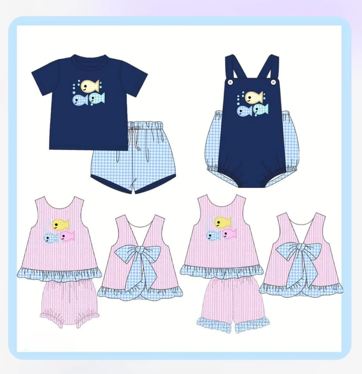 

New design children's milk silk brother and sister summer matching suit fish print element girl big bow design new summer clothi