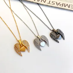 Creative Personality Inlaid Sparkling Zircon Angel Wings Heart Shape Lucky Pendant Necklace for Women  Fashion Party Jewelry