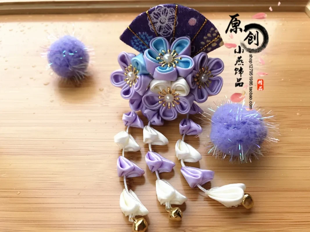 Kimono Hair Ornament Fan Sakura Tsumami zaiku kanzashi Hairpin Ancient Style Yukata Tassel Flower Hair Clip Accessory Handwork