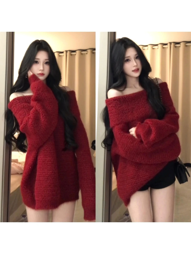 

Красный вязаный свитер на одно плечо для женщин: модный, уютный, с эффектом высокого качества, новогодняя одежда, длинный рукав, согревающий.