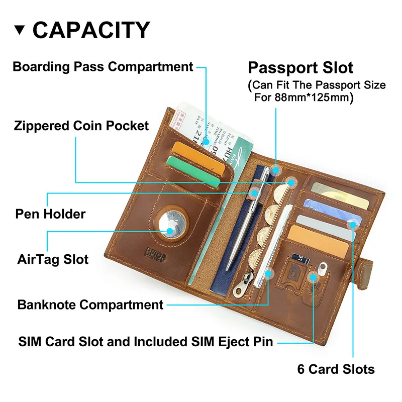 Immagine 6: Portafoglio da Viaggio in Vera Pelle CONTACT'S per Uomo con Slot per AirTag, Protezione RFID, Porta Penne e Carte, Portamonete, Regalo da Viaggio
