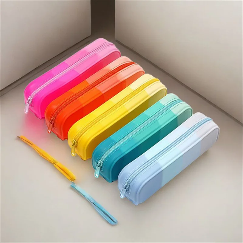 Soft Silicone Gradient Color Pencil Case Student Stationery Large Capacity Storage Bag Kawaii School Supplies