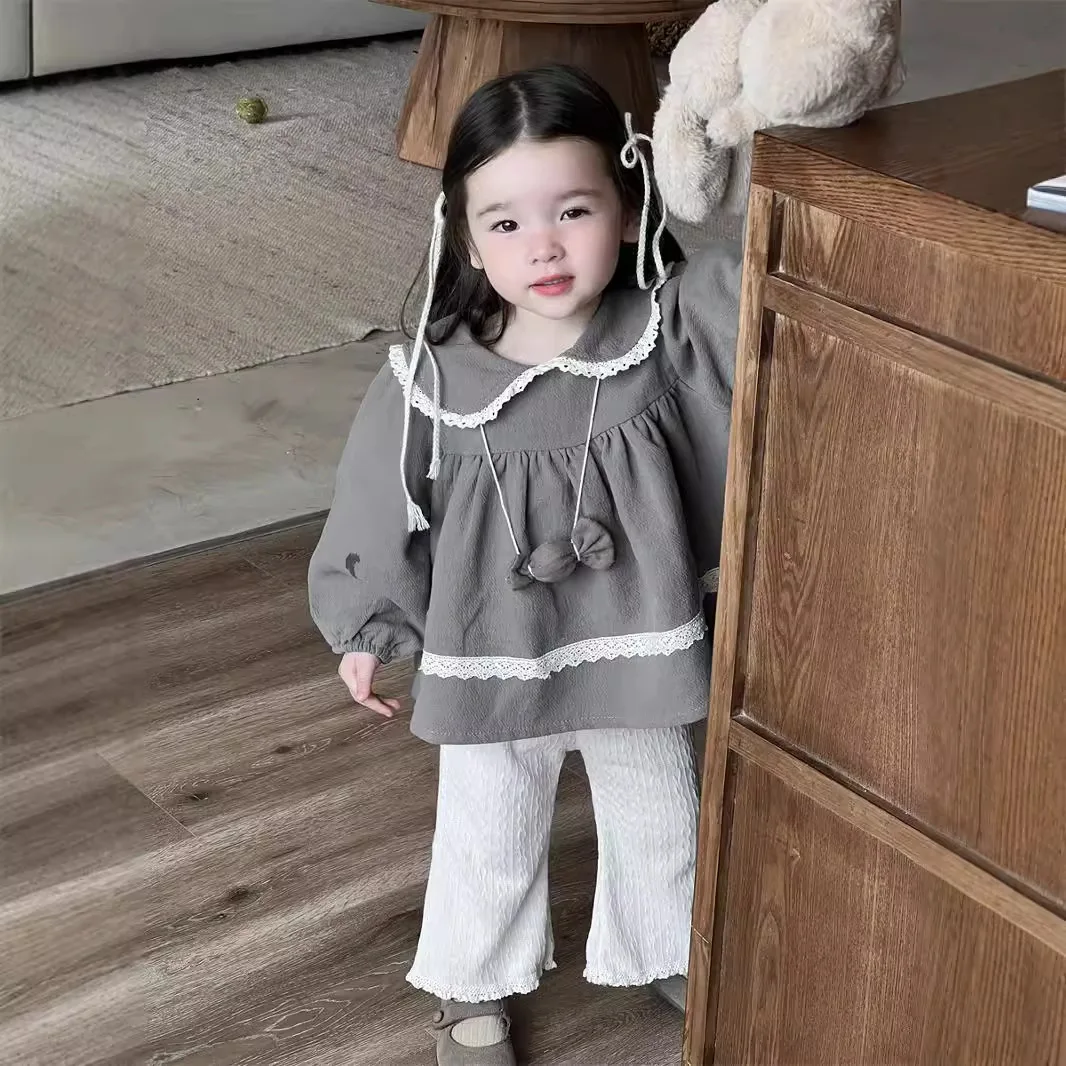 Children's Autumn Suit Korean Children's Clothing Baby Clothes Girls' Autumn Lace Lapel Neck Doll Shirt Casual Pants