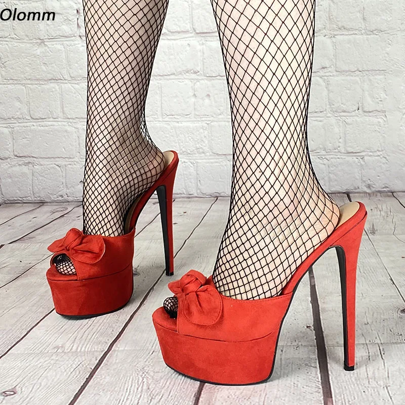 

Olomm Handmade Women Platform Mules Sandals Faux Suede Stiletto Heels Peep Toe Red Dress Party Shoes Women US Plus Size 5-20