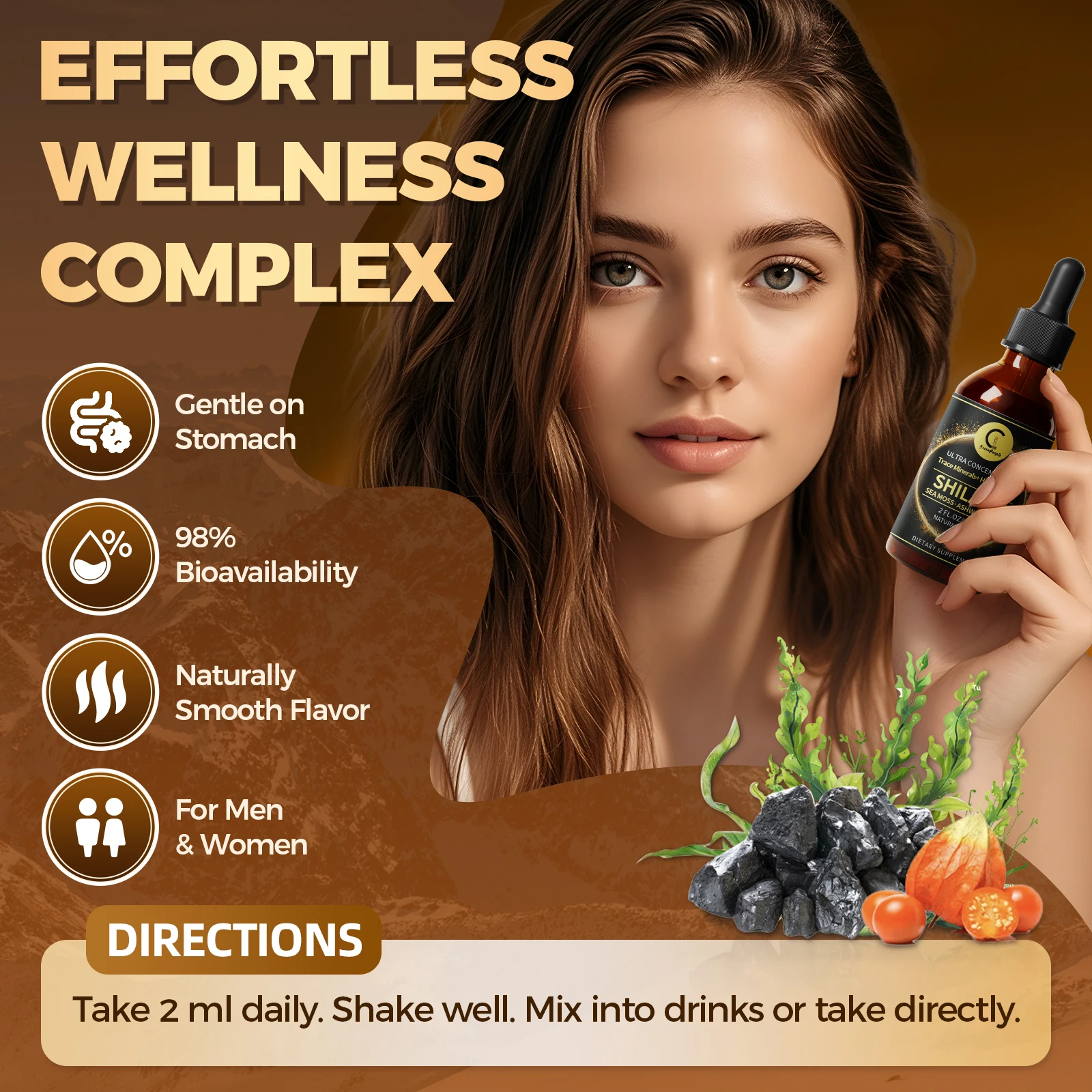 قطرات سائل شيلجيت مع طحلب البحر، أشواغاندا، ماكا، مورينغا فيتامينات سائلة للنساء والرجال - تتبع المعادن + العشبية