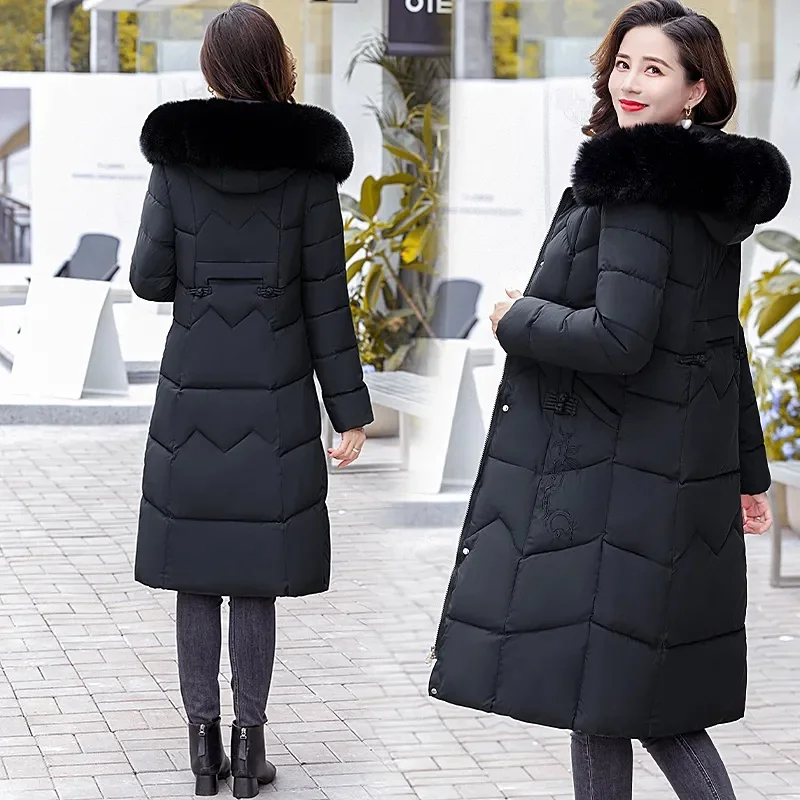 2024 Women\'s Winter Long Coat Warm Cotton Jacket Fur Neckline Hooded Parka Coats Fashion Ultra Thin Snow Jackets Outwear Female