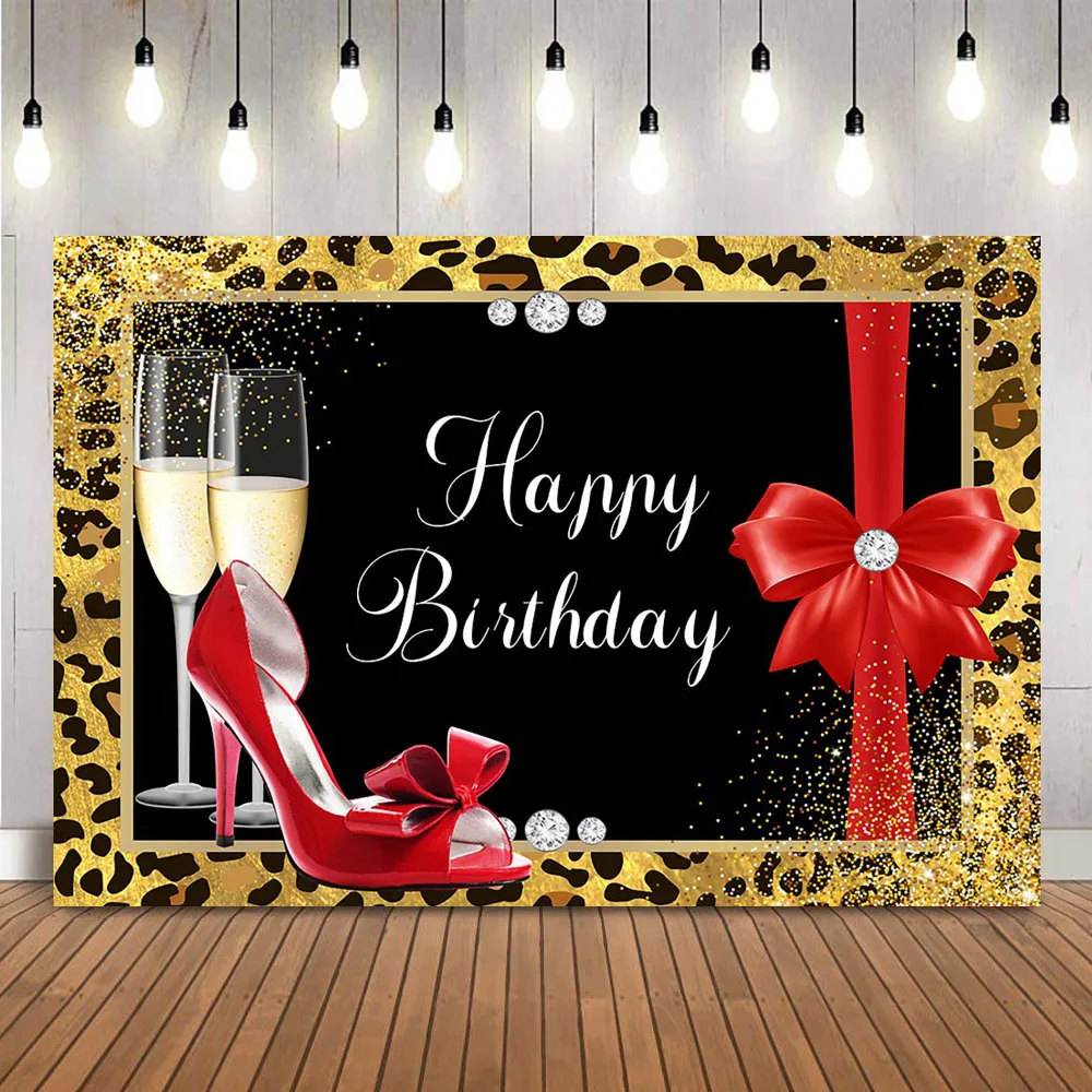 Happy BIrthday Backdrop Leopard Texture Champagne Photo Background Red High Heels and Bow Tie Theme Party Decoration Backdrops