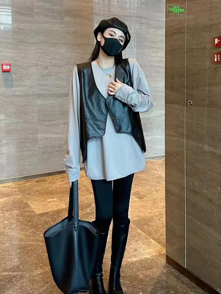 Leather Vest Waistcoat Women Sleeveless Faux Leather Jacket Streetwear Hip Hop Cardigan Y2k Vintage Irregular Tops Women Clothes