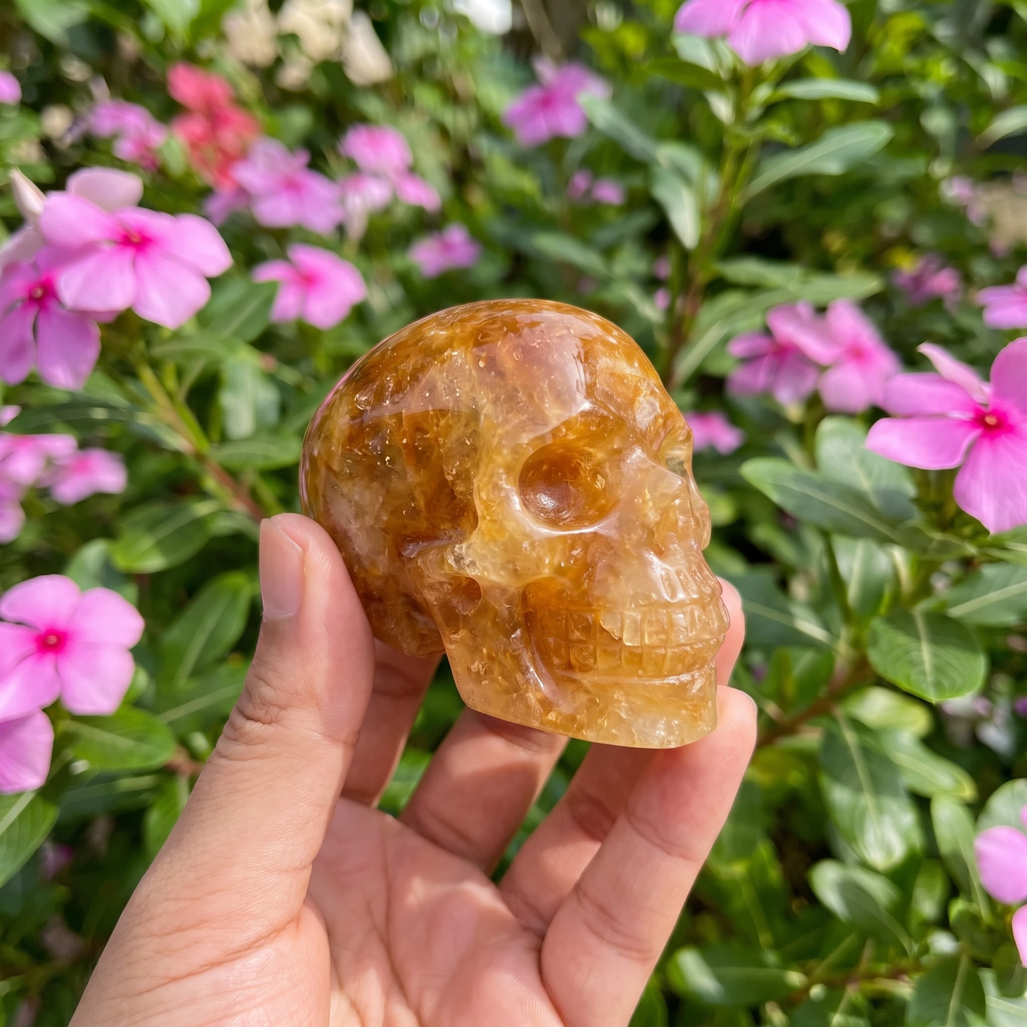 Natural Citrine Carved Ornaments—Spheres, skulls, towers, flame shapes, palm stones, and other yellow healing crystals.