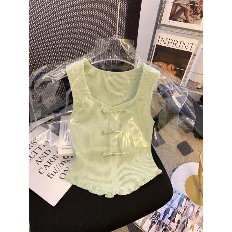 Mint Mambo Fashion Green Ice Silk Knitted Vest Women's Summer New Chic Chinese Style Button Versatile Sleeveless Top