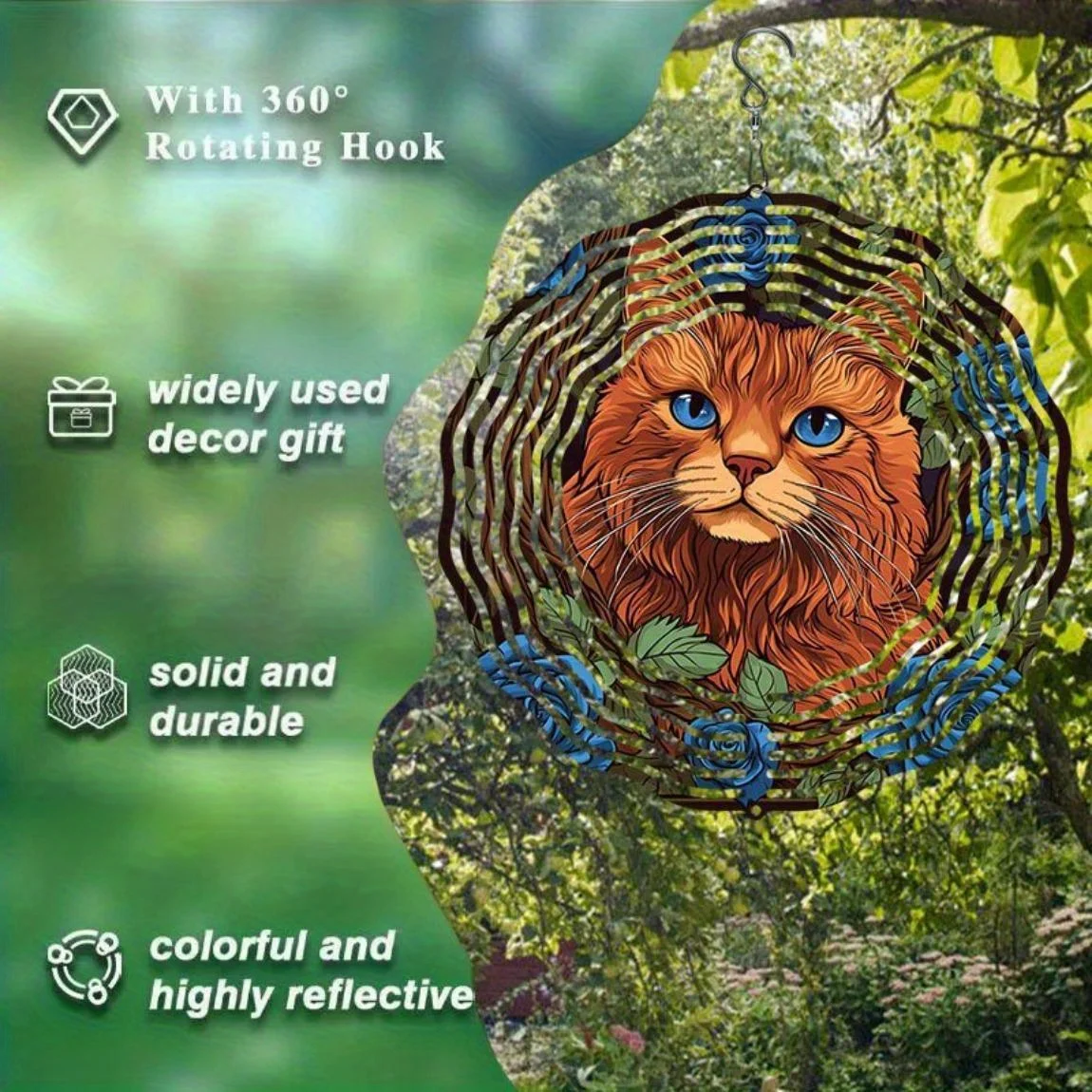 Rose & Cat Metal Wind Chime (Rotating Hook) | Decor | Ideal Halloween & Christmas Gift for Cat Lovers