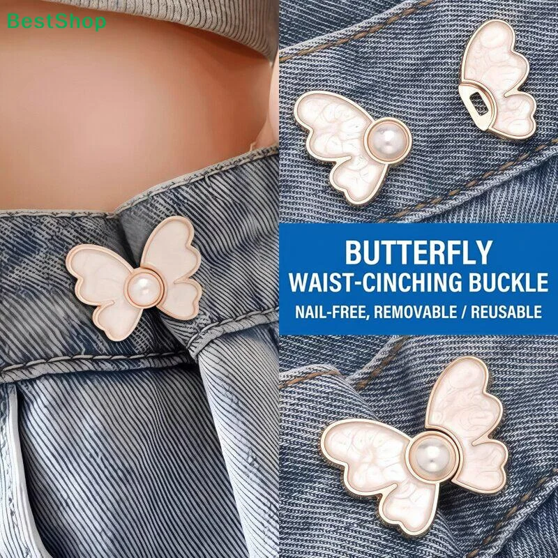 〔G〕2Pcs Pearl Butterfly Waist Tightener Buckle, No Sew Detachable Jean Waist Cincher, Adjustable Pants Waist Reducer