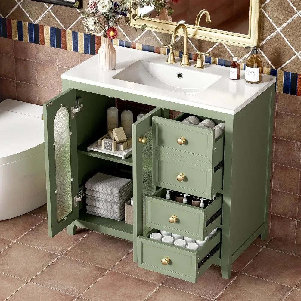 Tocador de baño de 36" con lavabo combinado, mueble de almacenamiento independiente para baño, tocador verde con 3 cajones y puertas de vidrio