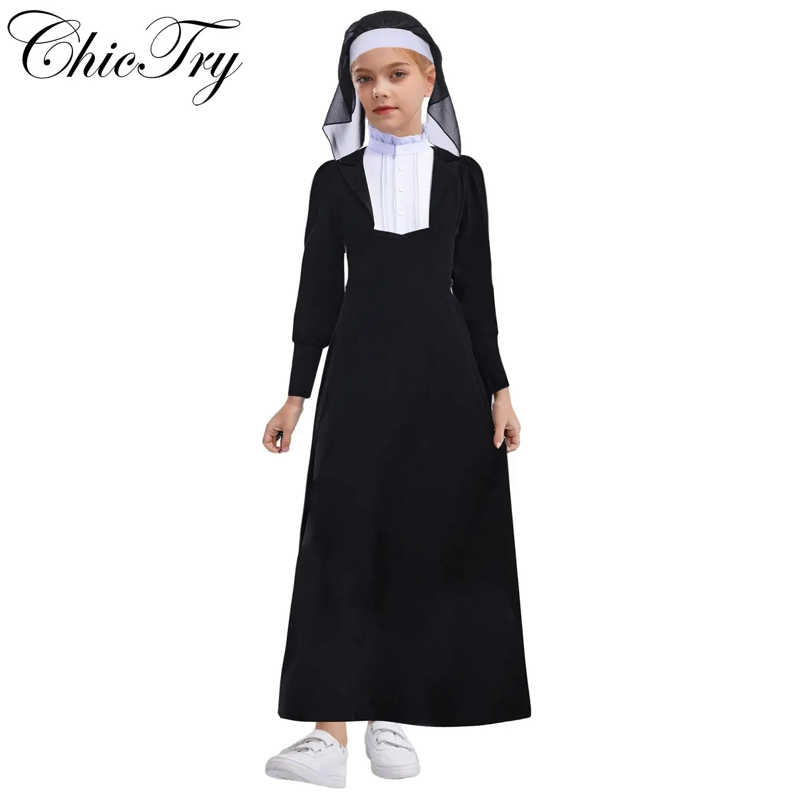 

Kids Girls Nun Cosplay Costumes Ruffled Long Sleeve Themed Party Dress with Black Veil for Halloween Carnival World Book Day