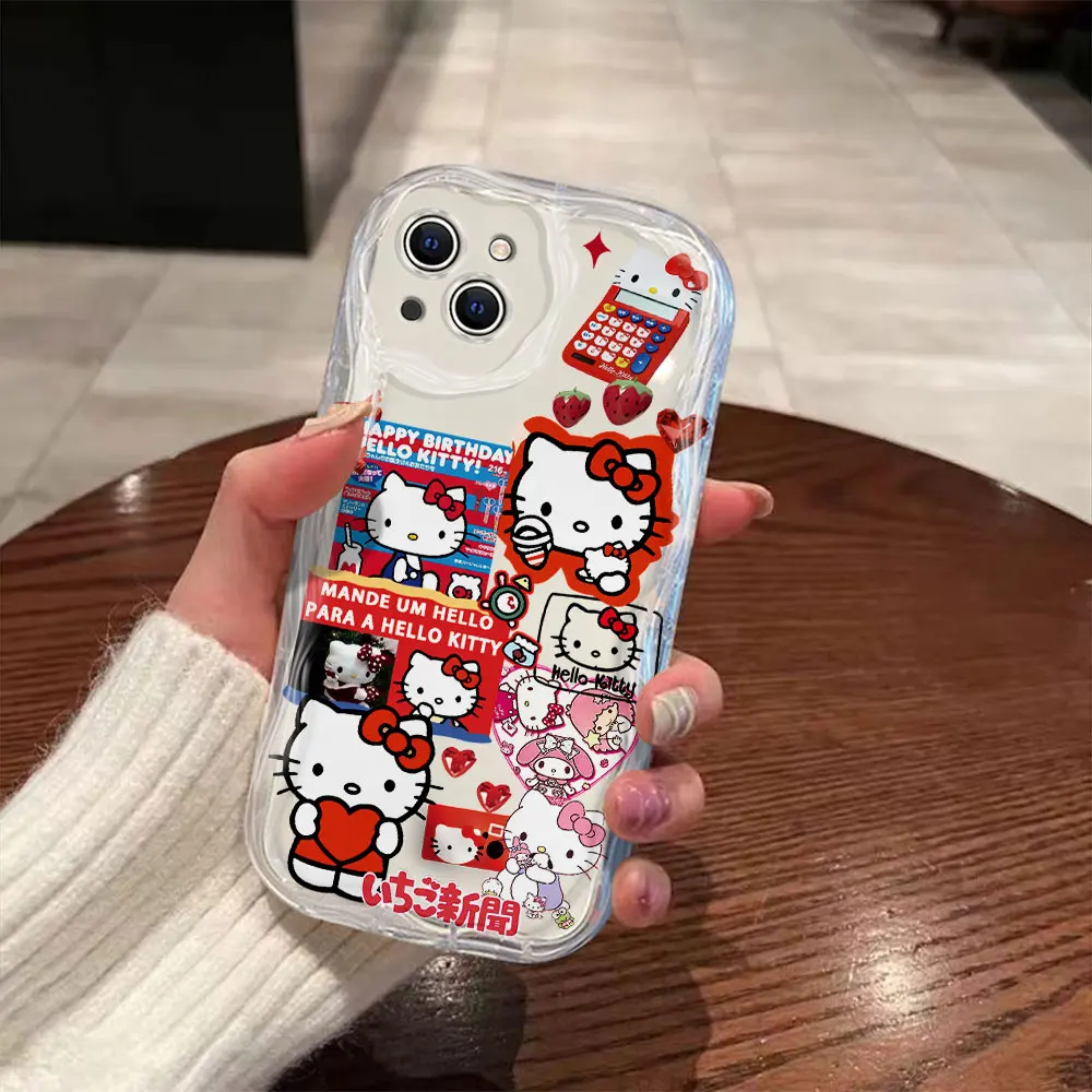 Cute Sanrio Hello Kitty 3D Wave Phone Case For OPPO Reno 11 F 8 T 7 Z 6 5 4 Pro F23 F11 F9 4G 5G Soft Silicone Back Cover