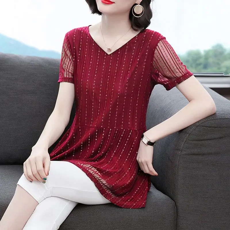 Women\'s Clothing Commute Solid Color Shirt Summer Short Sleeve Elegant V-Neck Spliced Casual Stylish Bright Silk Gauze Blouse