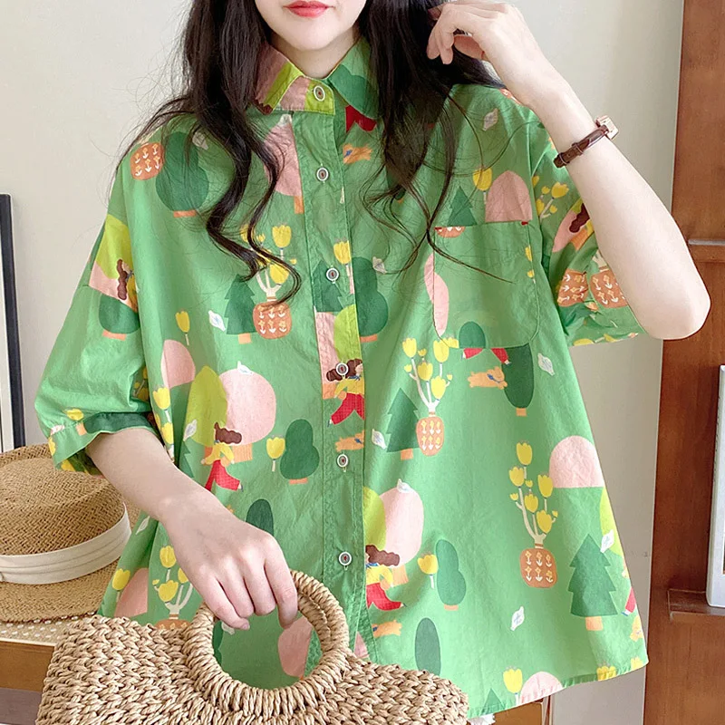 Camisa estampada com gola de boneca feminina, cardigã de botões soltos, puro algodão, tops com todos os fósforos, casual, doce, moda, verão, nova
