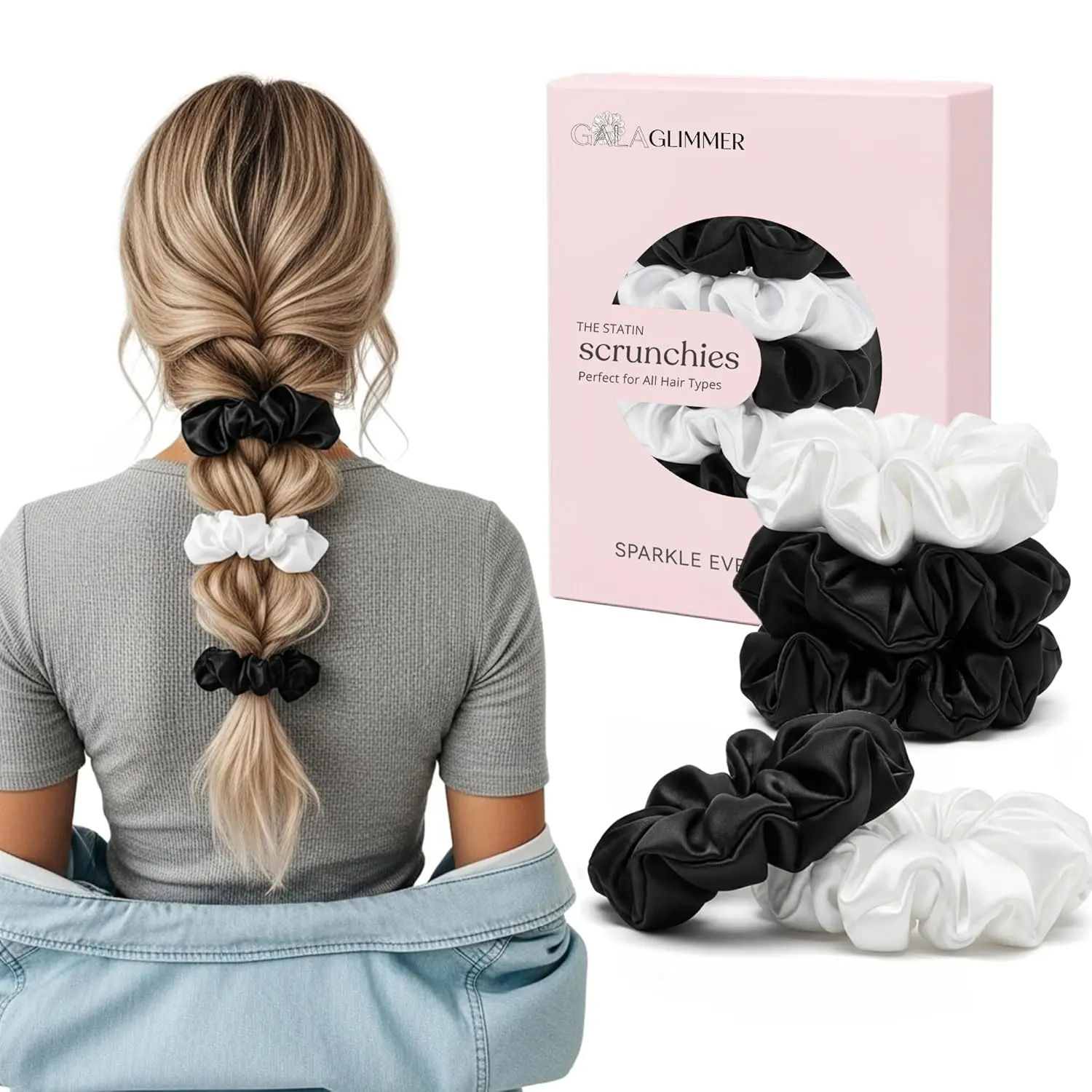 

Satin Scrunchies 5 Pack Black White - No Damage Hair Ties for Women