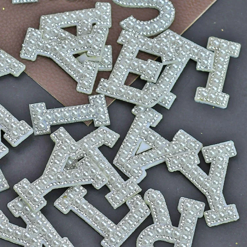 1pc Pearl letter Patches Iron-On Silver Rhinestone Pearl Patches English For Personalized Clothings
