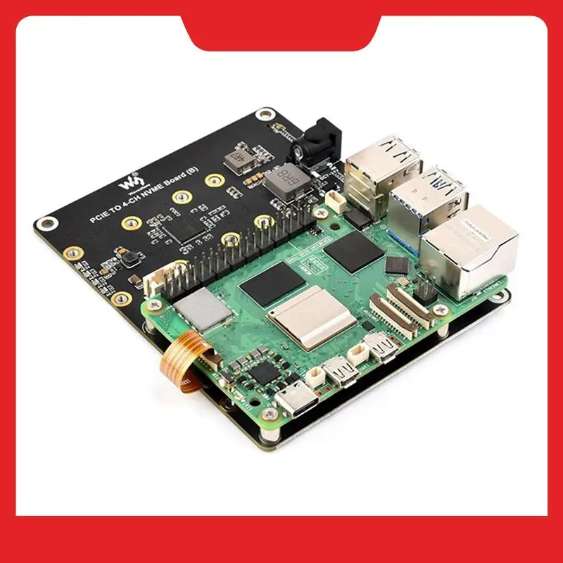 Waveshare Pcle To 4-Channel M.2 Adapter Board With Power Supply For Raspberry Pi 5 Support Nvme Hard Drives With LED Indicator