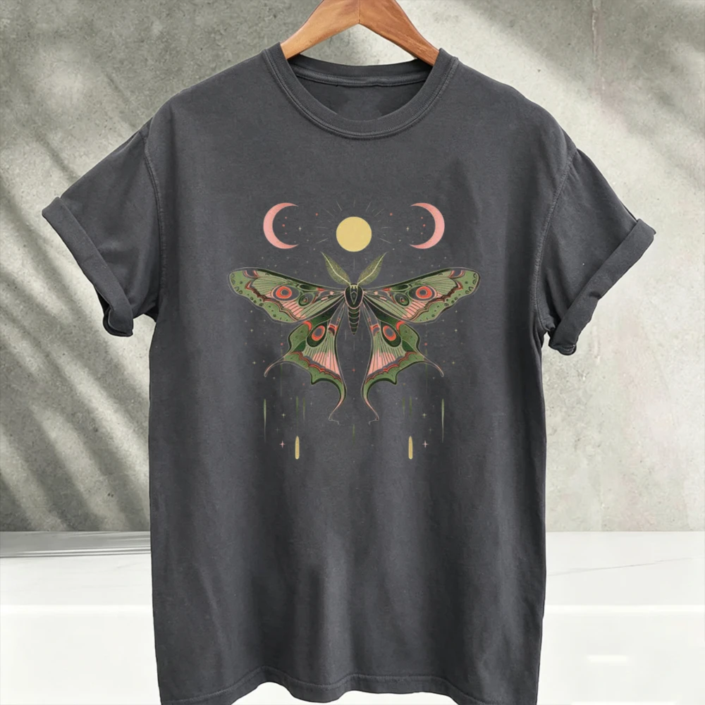 Whimsigoth Celestial Moth Tshirt Gothic Crew Neck Short Sleeve Relaxed Fit Dark Academia Forest Witch Goblincore Luna Moon Tops