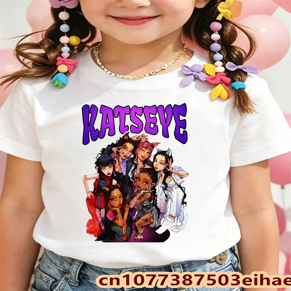 Kids Summer Short Sleeve Graphic T-Shirt Casual Cotton Tee Girl's Katseye Cartoon Street Style Top Outfit Gift