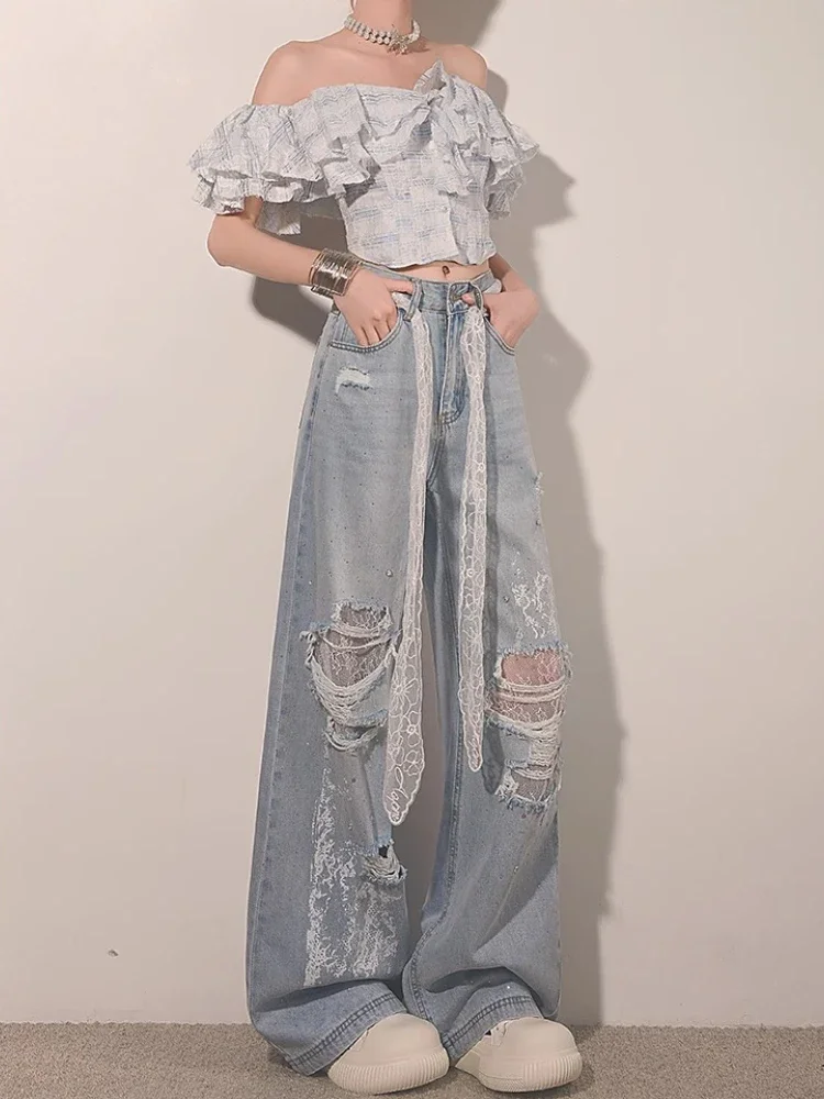 Y2K Streetwear Ripped Lace Rhinestone Jeans High Waist Wide Leg Straight Pants Women Summer Loose Vintage Bleach Denim Trousers