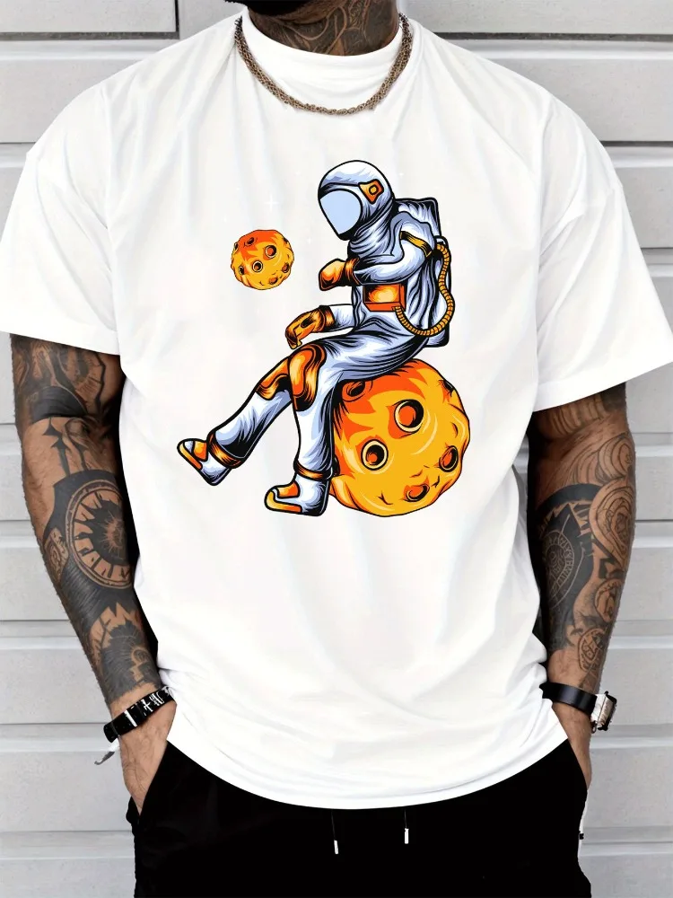 Vivid Red Mens Loose Cotton Tshirt Cool Spaceman Planet Star Cosmic Art Print Crew Neck Summer Youth Daily Short Sleeve Tee