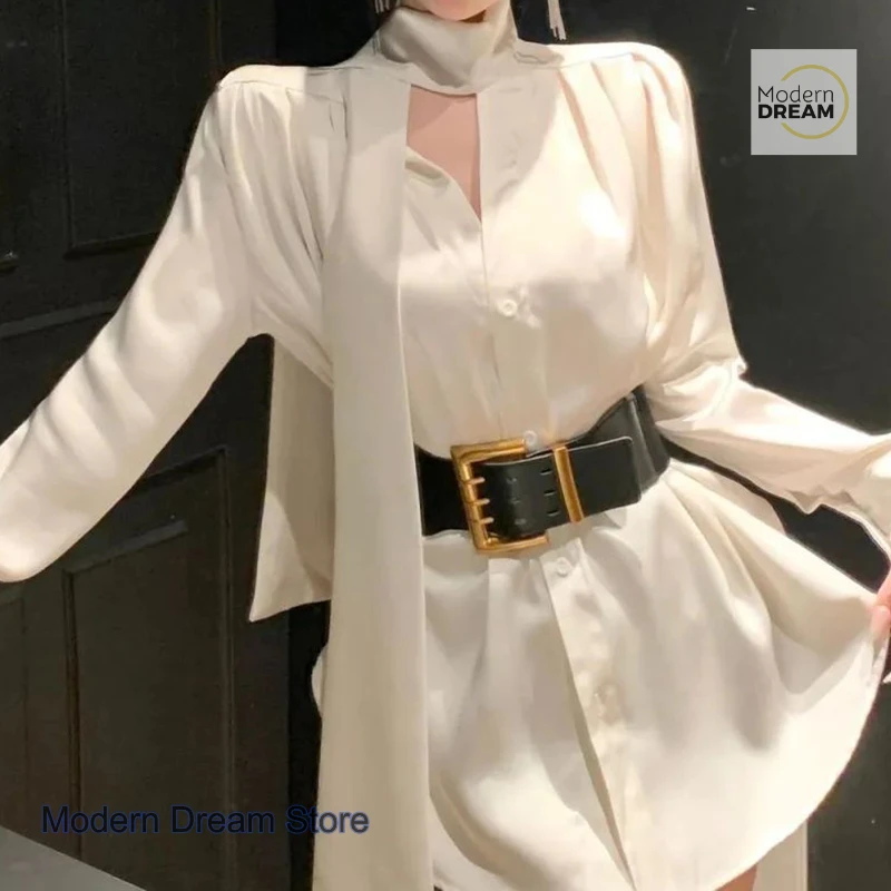 فستان بحزام معدني للسيدات من الدرجة العالية الفرنسية للربيع والخريف تنورة قميص بشريط من الساتان بمزاج الأخت الأكبر سناً