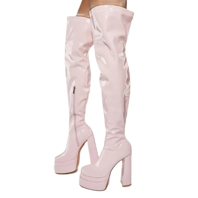 Arden Furtado 2024 Autumn Patent Leather Platform Thigh high boots Square toe Side zipper Super high heel Modern boots