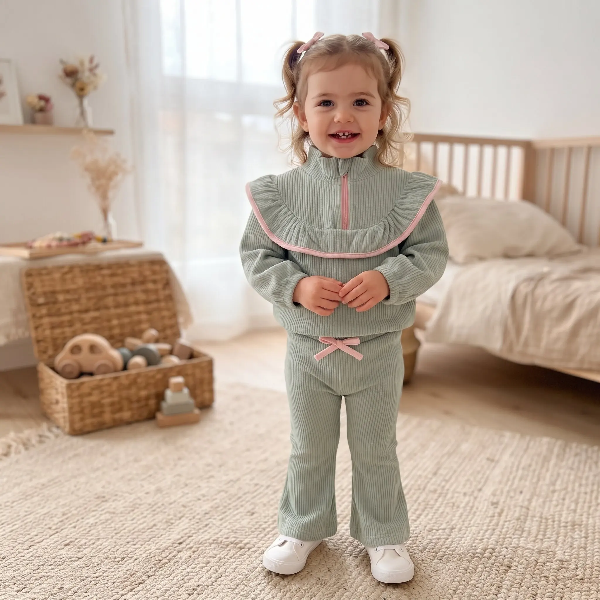 Baby Girl Ribbed Zipper Ruffle Collar 2Pcs Set Light Green Frill Top Bow Flare Pants Toddler Girls Spring Outfit
