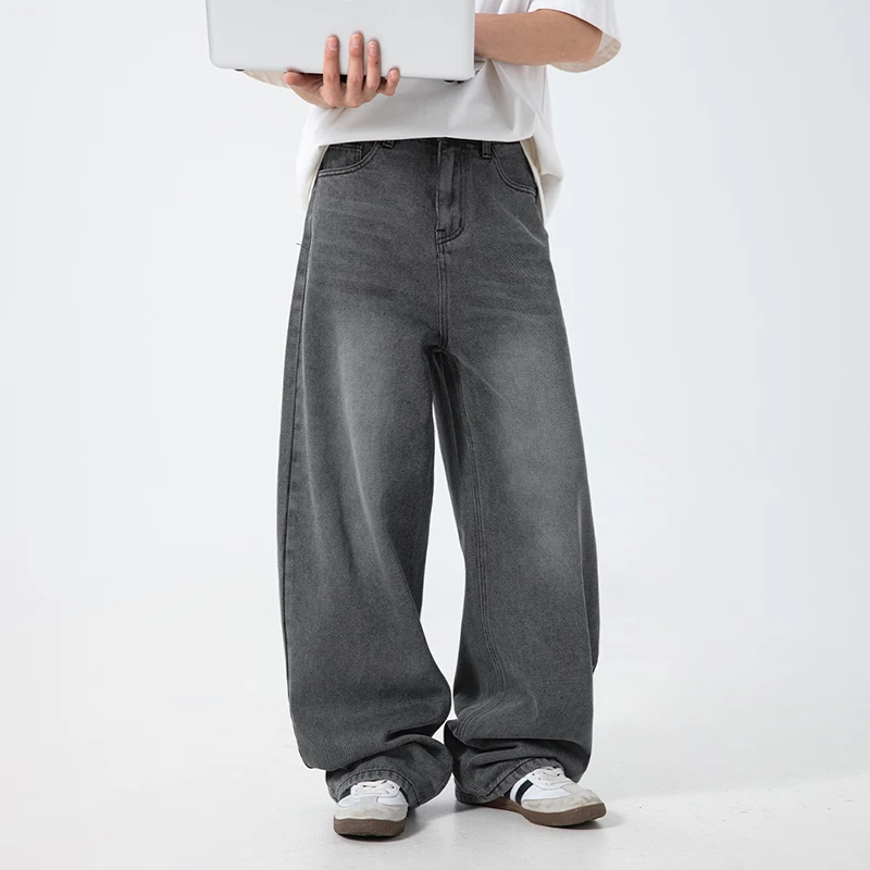 الكورية نمط خمر الجينز الرجال بنطال ذو قصة أرجل واسعة مستقيم الساق السراويل مرونة الخصر السراويل الفضفاضة موضة عادية الدينيم الجينز #5