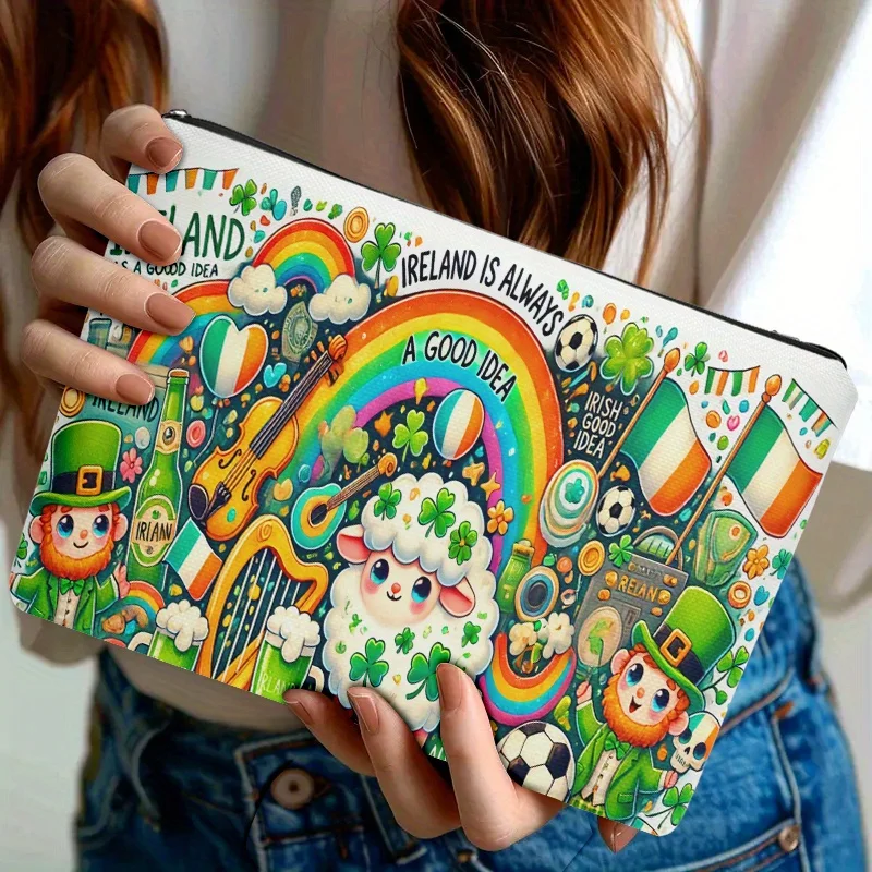 Cosmetic Bag 1pc, Ireland Themed Cartoon Pattern, Double-sided Printing | Travel Toiletry Bag | Zipper Closure | Durable Fabric