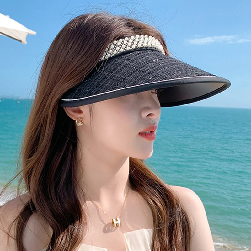 Summer Large Brim Sun Hats for Women Korea Fashion Empty Top Cap Pearl Headband UV Protection Hat Female Visor Beach Accessories