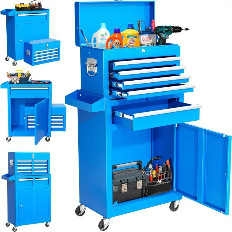 Metal Tool Chest, 5-Drawer Rolling Tool Cart With Wheels, 2 In 1 Detachable Tool Cabinets, Liners And Locking SystemFor