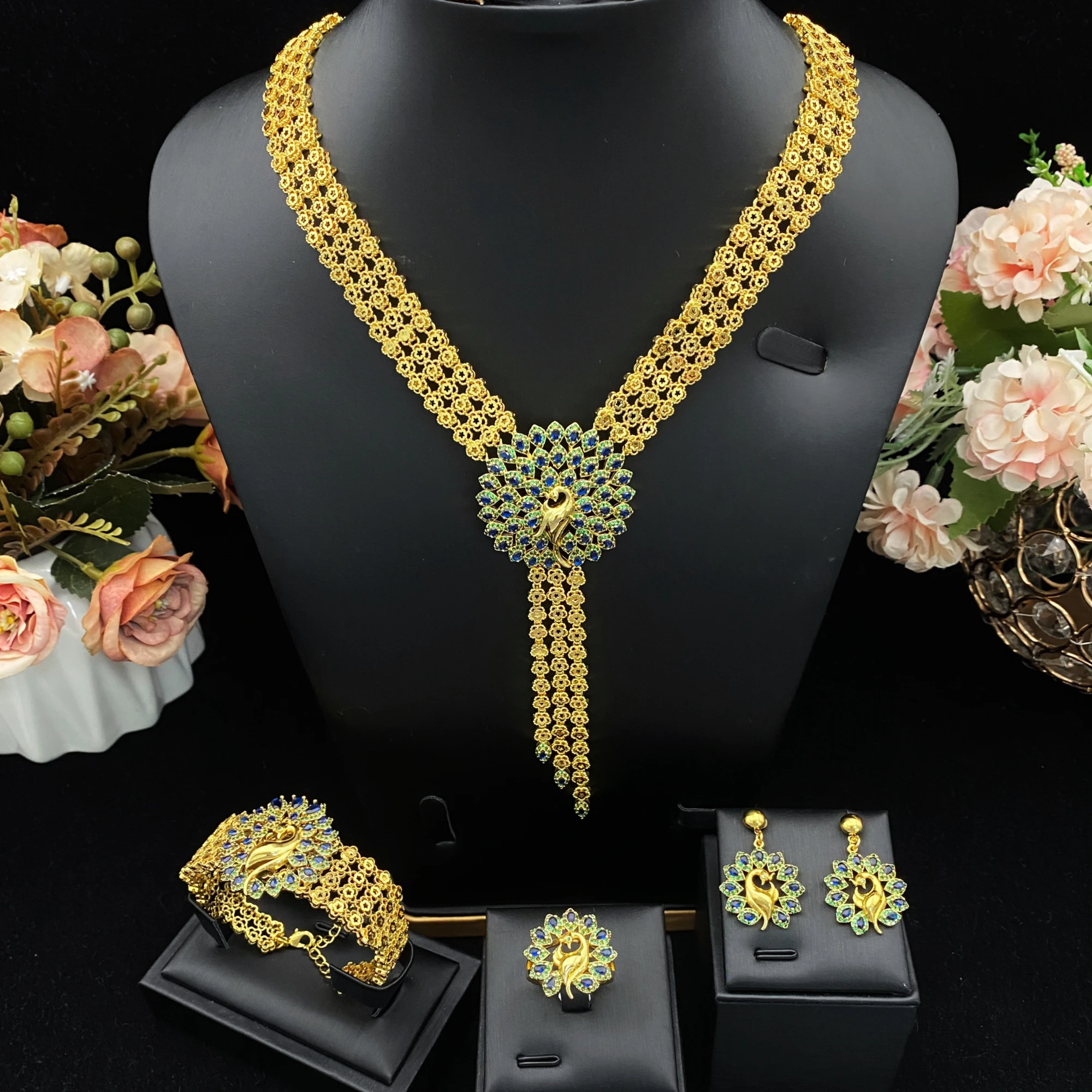 

JRH Bride Gift Luxe Gold Plated CZ 4-Piece Jewelry Set Sparkling Bracelet Ring Necklace Earrings Set 2025 New Bridal Accessories