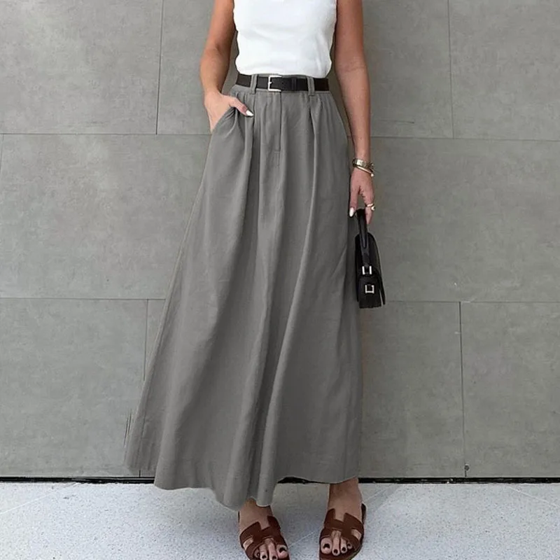 

2025 autumn French gray A-line skirt female temperament commuting simple and versatile high waist long skirt club clothing vesti