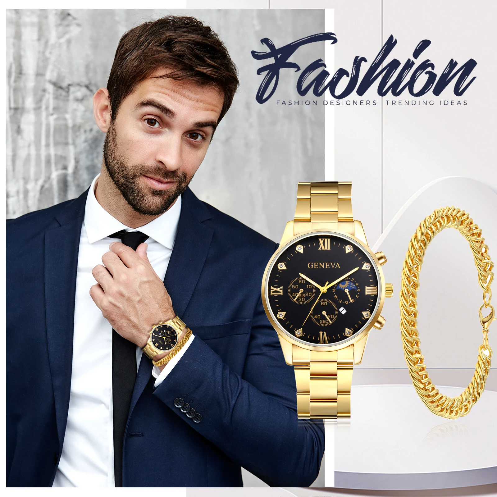 LANCARDO-Relógio masculino impermeável de aço inoxidável, quartzo, strass, data, luminoso, ponteiros, conjunto de negócios, pulseira decorativa