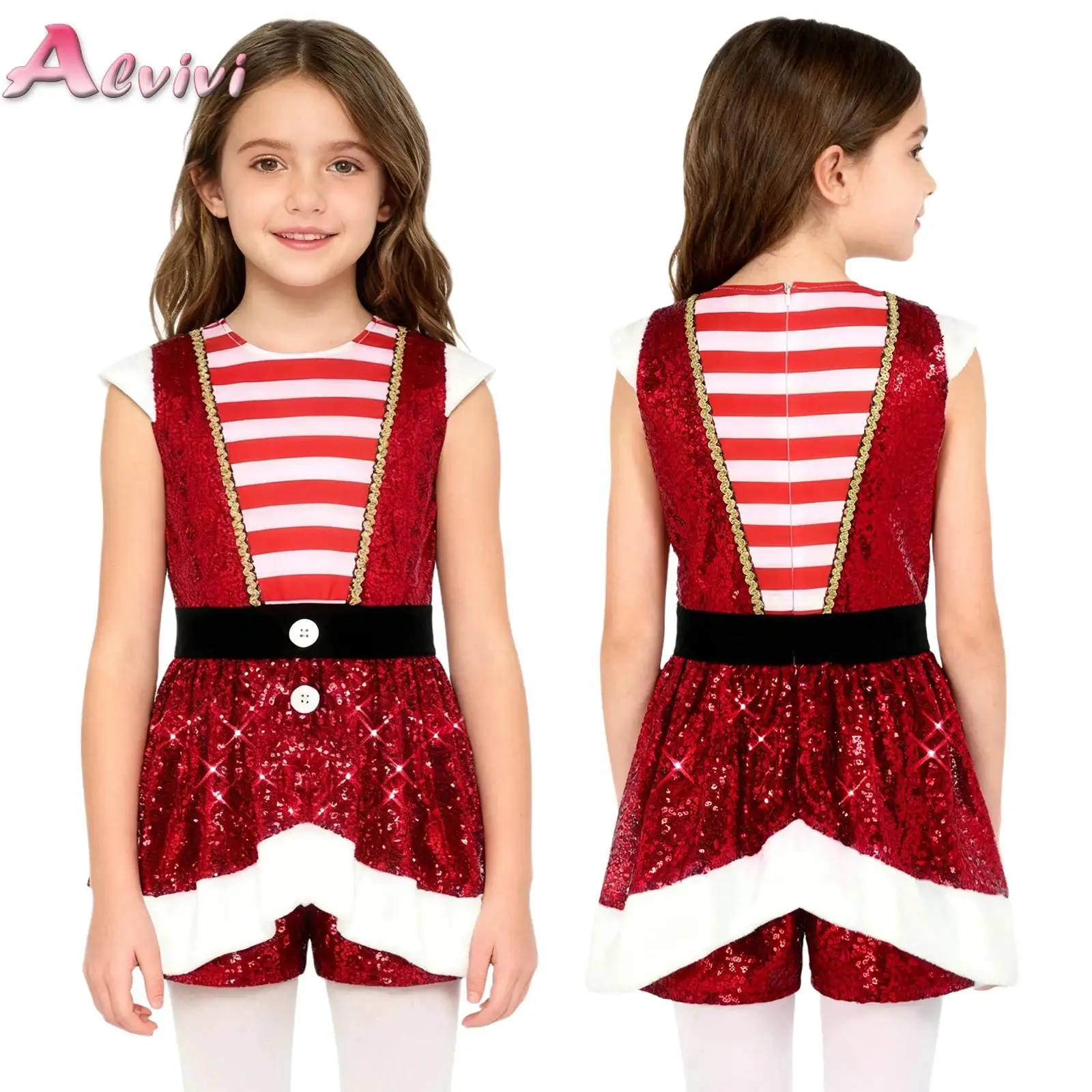 

Kids Girls Christmas Candy Cane Stripe Jumpsuit Sparkly Sequins Golden Webbing Cap Sleeve Waist Ruffled Overlay Shorts Jumpsuit