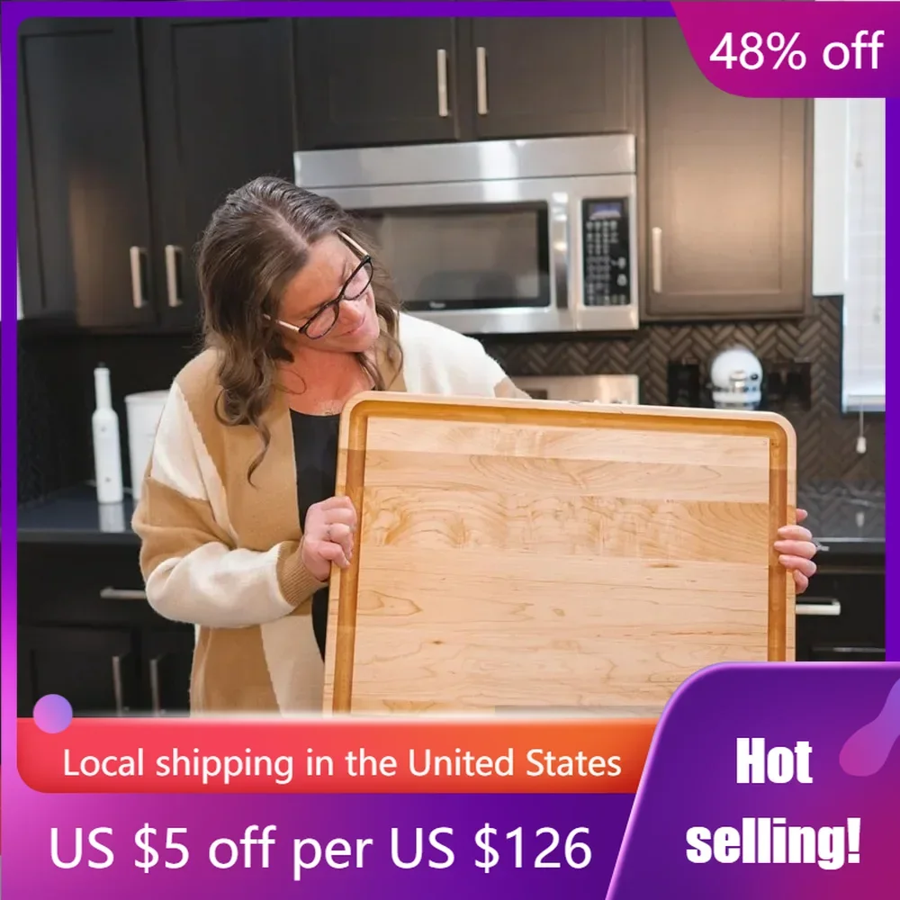 

Kitchen Oversized Solid Maple Cutting Board - Butcher Block Wood Carving Board With Juice Trough for Kitchen Pieces Chopping Set