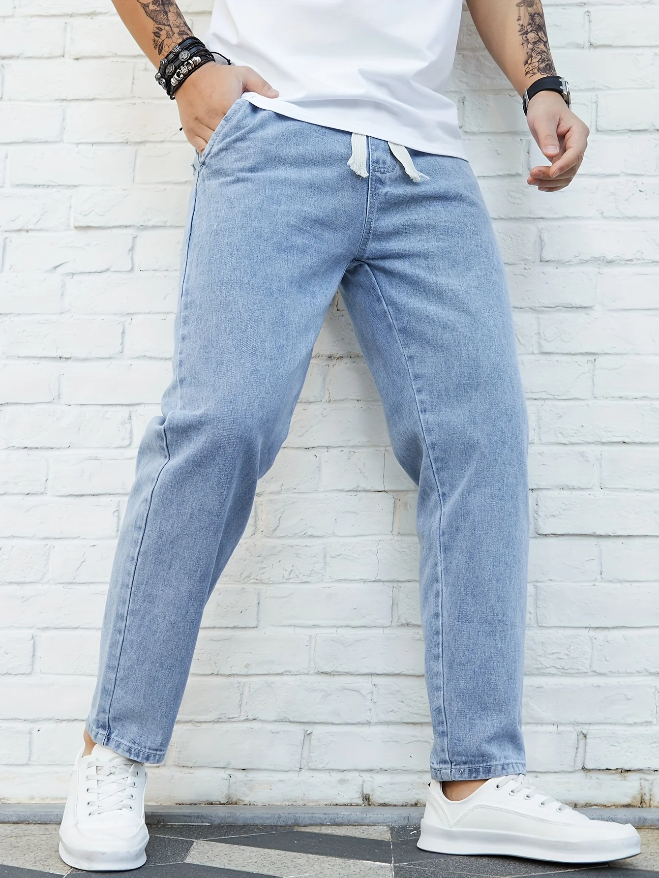 

Spring/Autumn Fashion Washed Brand Loose Straight-Leg Elastic Waist Drawstring Versatile Japanese Style Casual Cropped Jean
