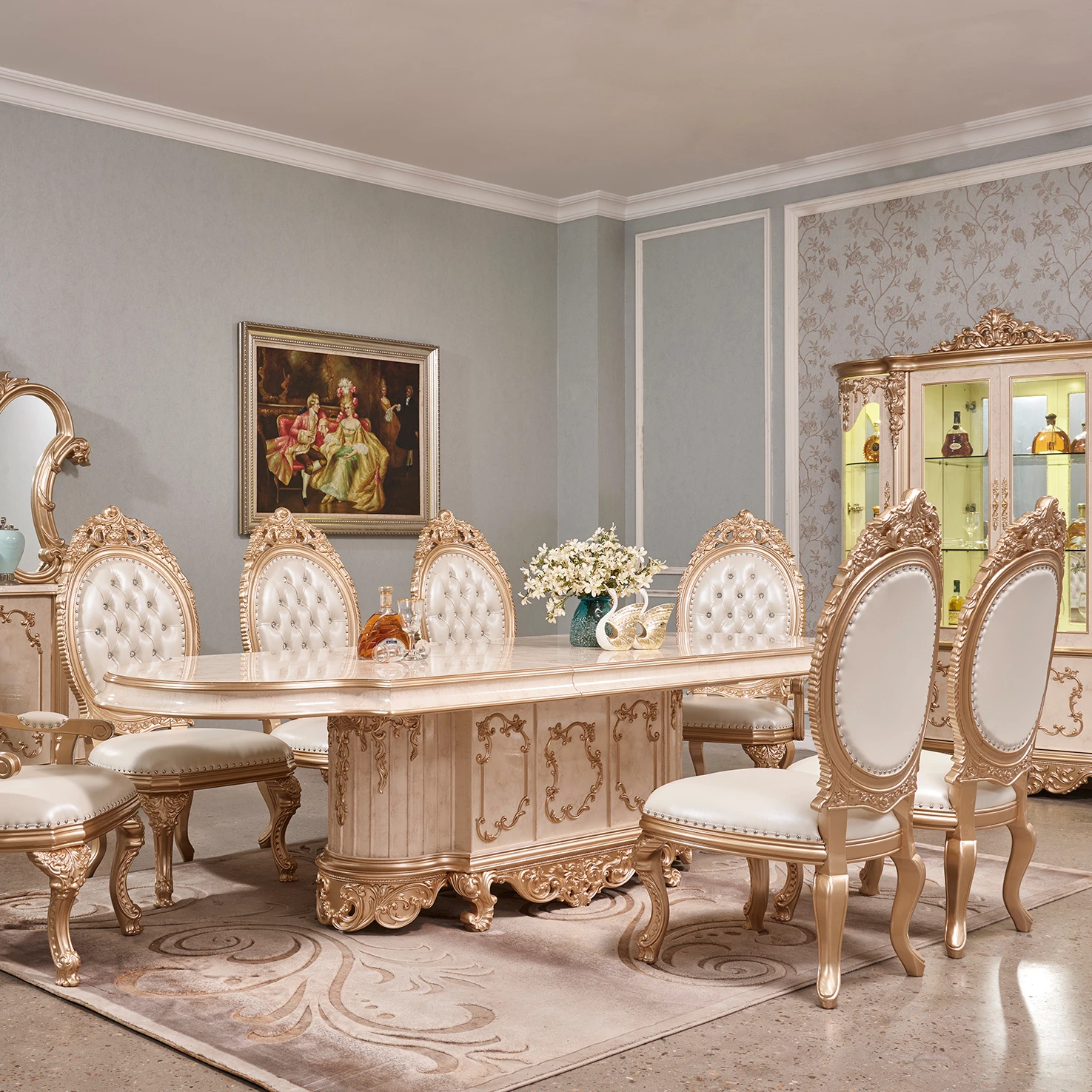 European Home Turntable Table Round Dining Rotating Table Solid Wood Dining Table Chair Combination
