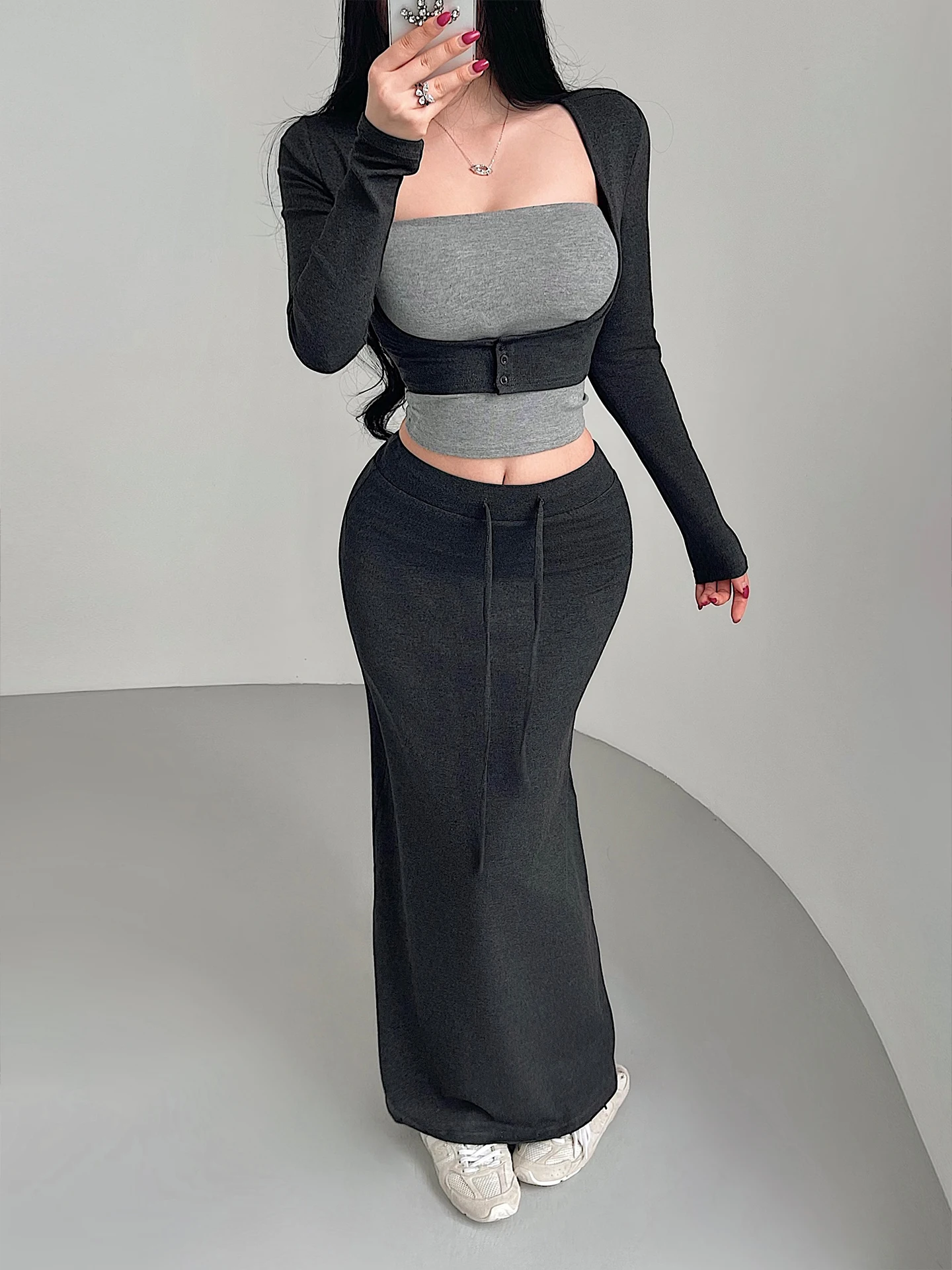 Sexy Pure Desire Style Long Sleeve Tube Top Vest High Waist Fish Tail Wrap around Skirt Set for Young Girls Autumn Fashion Set