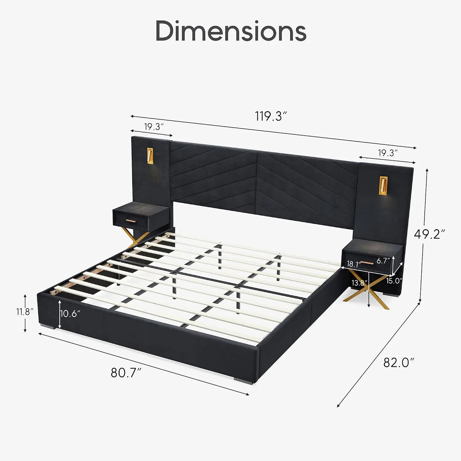 King Size Bed Frame with Velvet Headboard, Storage Nightstands & LED Light, No Box Spring, Easy Assembly, Customized