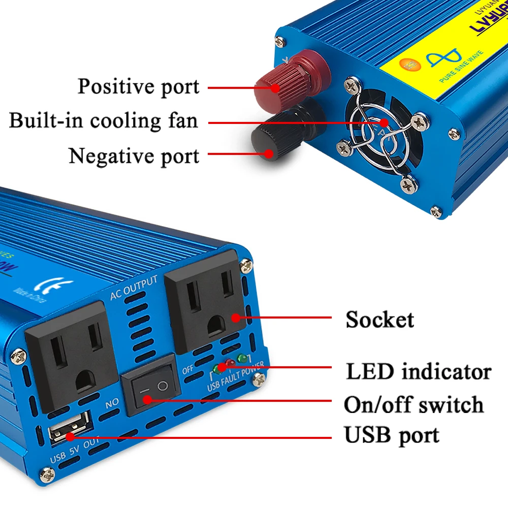 Onduleur de voiture à onde sinusoïdale pure, convertisseur de chargeur, adaptateur, DC vers AC, prix des prises américaines, 2 USB, 800W, 2000W, Watt, 12V, 110V