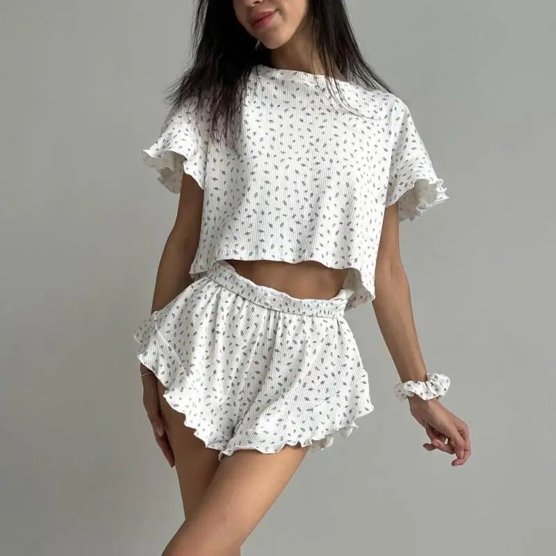 

Women's Casual Printed Spwear Set ort Sve round Ne ort Pants Two-Piece Polyester Comfortable Breathable Nightgown