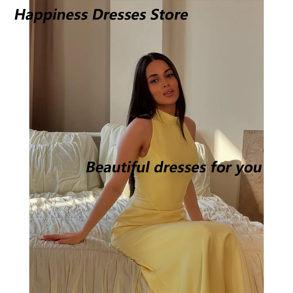 فستان سهرة أصفر بدون أكمام بياقة عالية فساتين سهرة متواضعة للنساء 2025 فساتين حفلات الزفاف الطويلة حسب الطلب